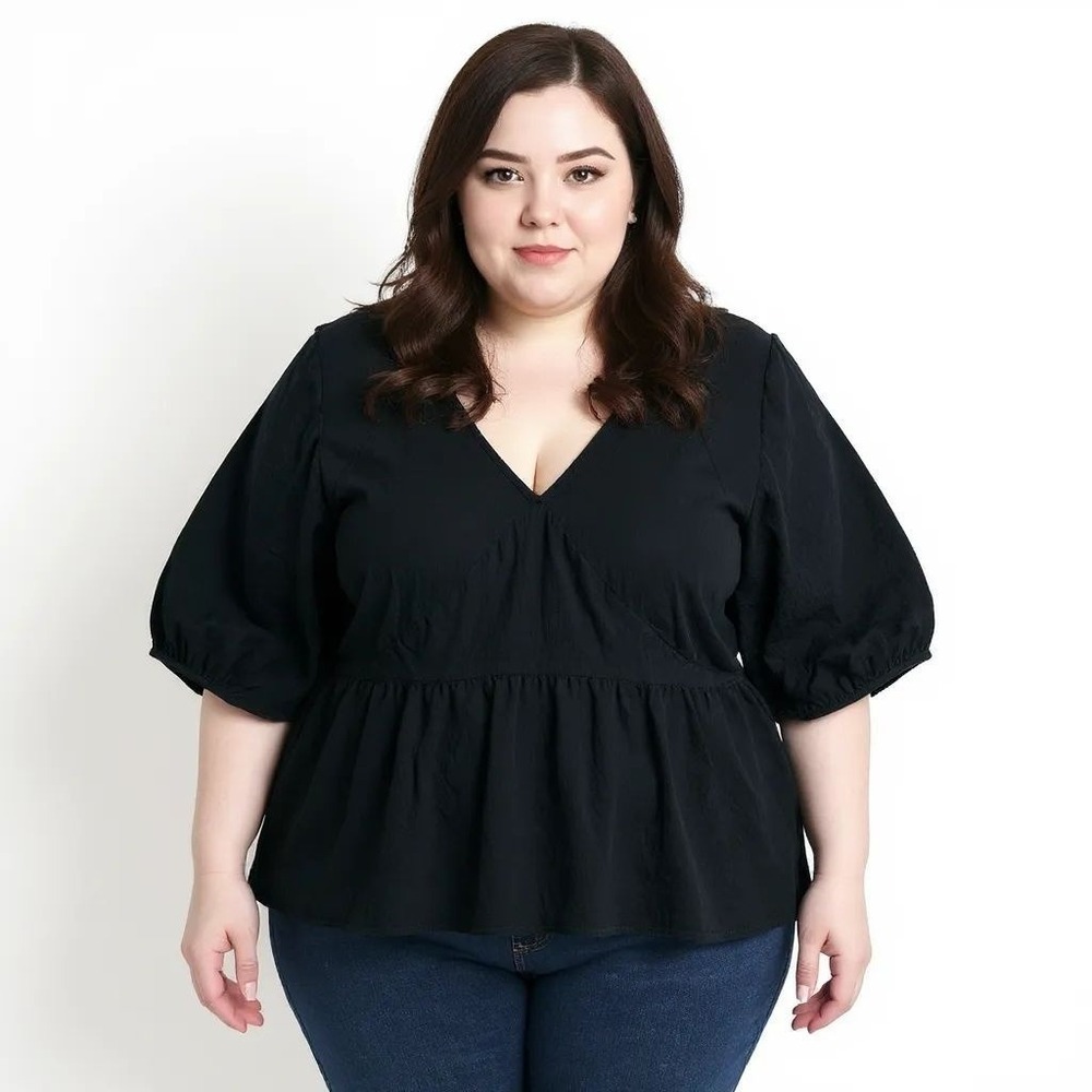 City Chic Starling Reine Black Peplum Top Blouse V Neck 3/4 Sleeve Plus 2X 20